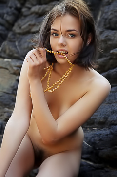 Keira Blue - Skinny brunette takes off her dress and poses nude on rock